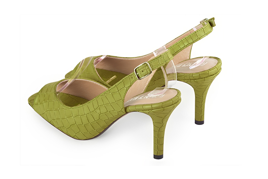 Women's pistachio green open-toe dress pumps with back strap. Round toe. High slim heel - Rear view